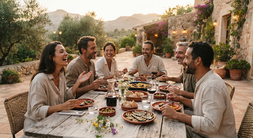 Diverse group sharing an outdoor meal in Mallorca at sunset
