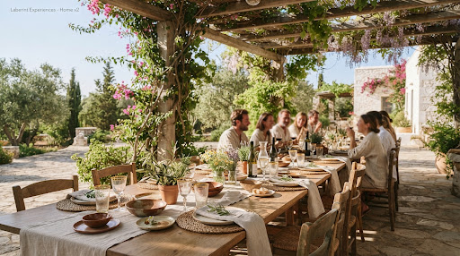 Communal table under a vine-covered pergola bathed in Mediterranean light
